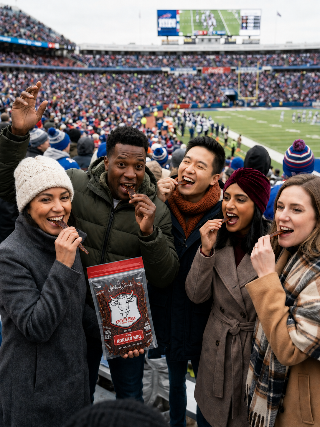 Friends sharing Crispy Beef at the stadium
